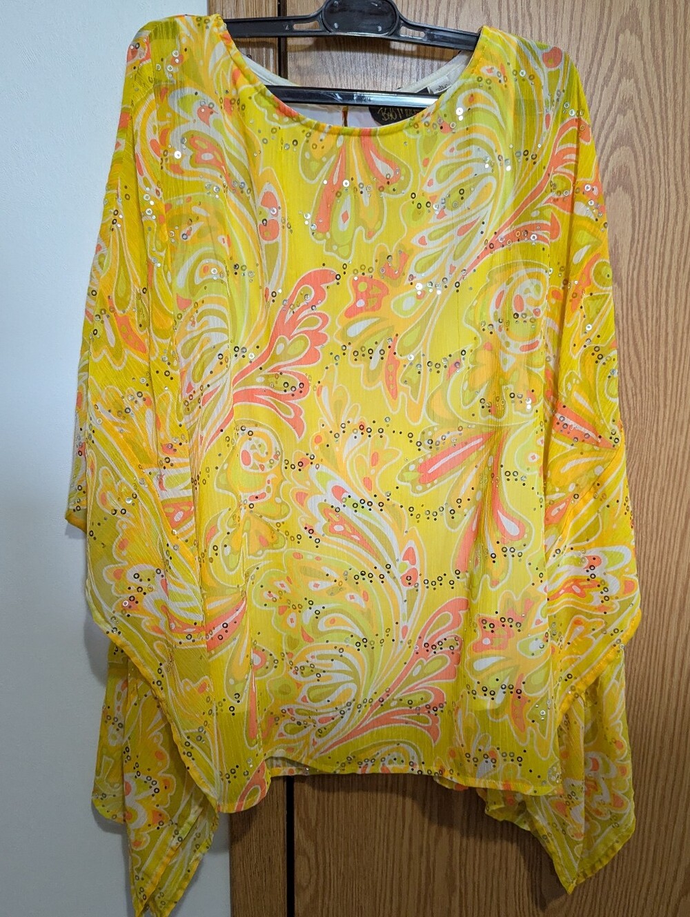 Bob Mackie Yellow Paisley-sequin Print Tunic with Coral and Cream Accents